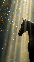 A majestic horse stands in a sunlit forest, surrounded by falling leaves, creating a serene and ethereal atmosphere.