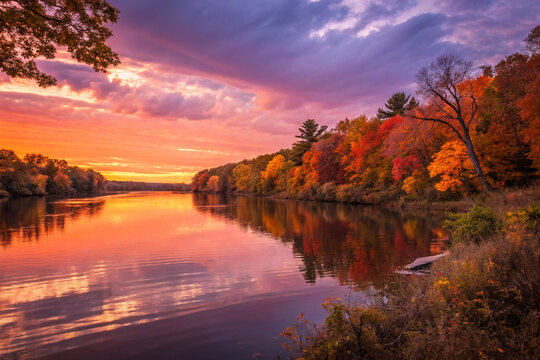 Serene autumn river with vibrant sunset sky