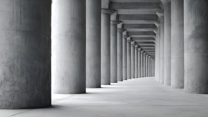 A structural column row under grey conditions producing soft depth cues and smooth geometric repetition