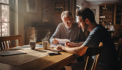 Senior Father and Adult Son Collaborating on Financial Planning at Home