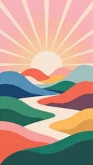 Fototapeta premium Abstract Minimalist Landscape, Sunrise Over Pastel Hills and River