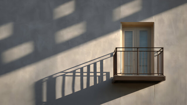 A sunlit balcony rail projecting hard geometric shadows forming grid-like patterns on a smooth facade