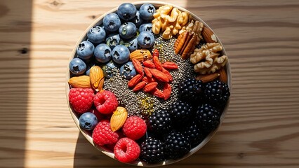 Colorful bowl with a vibrant mix of fresh blueberries, raspberries, blackberries, walnuts, almonds, chia seeds, and goji berries on a rustic wooden table, perfect for a healthy breakfast or snack.