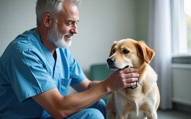 Senior man bringing dog to the veterinarian at clinic. High quality