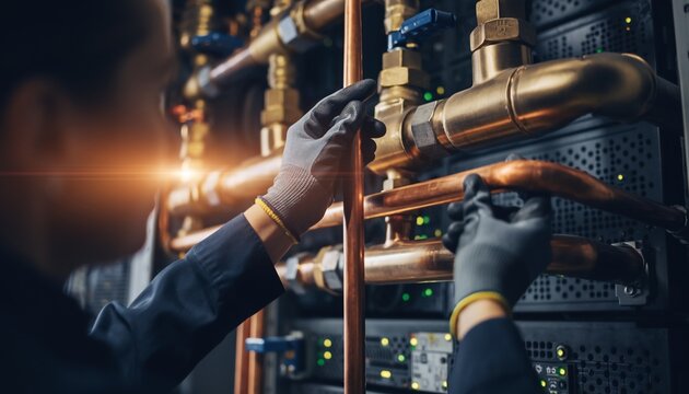 Skilled technician adjusting copper pipes in a server room, with glowing light, concept for industrial maintenance, data center cooling, and plumbing services