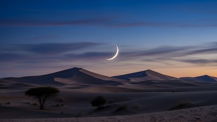A crescent moon shines in a dark blue and orange sky over a desert landscape with sand dunes, mountains, and sparse trees.