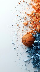 A basketball emerges from a pile of fragmented orange and blue shapes, set against a clean white background.