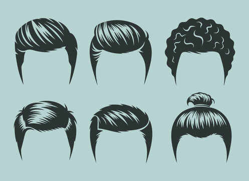 Set of six stylish male hairstyles including pompadour top knot curly hair and modern smooth cuts in vector illustration