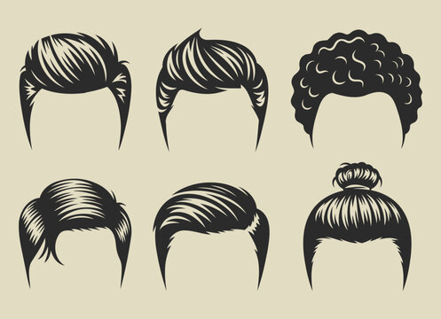Set of six diverse male hairstyles including slicked back pompadour curly hair and top knot in vintage vector illustration