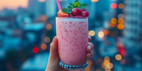 Woman holding pink smoothie with berries and mint on rooftop bar