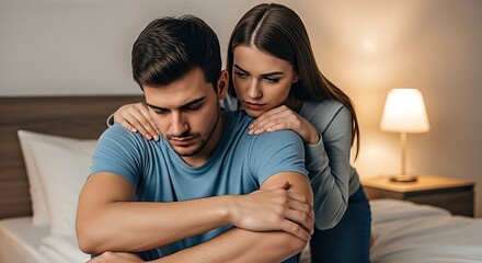 Couple sitting on bed in emotional moment, with woman comforting man, showcasing vulnerability and intimacy, expressing themes of apology, forgiveness, and resolution in a cozy bedroom setting