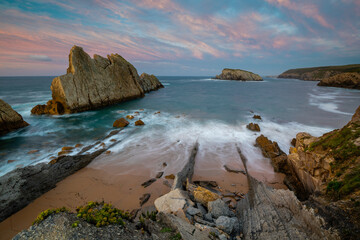 Dramatic Sunset on Spanish Coast Near Santander,Arnía Beach