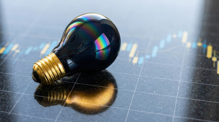 A dark reflective incandescent light bulb with a golden base rests diagonally on a dark gridded surface overlaid with a blurred financial stock chart reflection