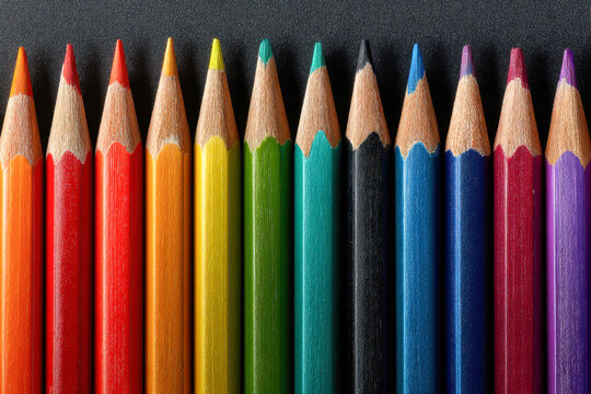 Vibrant row of colored pencils neatly aligned in a spectrum of shades from orange to purple on a dark background for creative projects and art supplies concept - Powered by Adobe