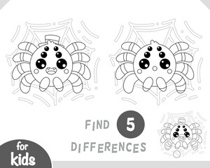 Fototapeta premium Cute little spider sitting on web in a Halloween themed scene. Spot the differences game for preschool and kindergarten children. Black and white activity page about spooky autumn season