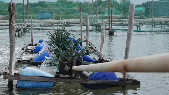 Close view of rotating impeller paddles breaking water surface at aquaculture pond with foam and bubbles forming along pond boundary. Floating aerator circulation.
