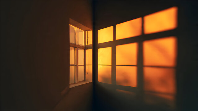 A warm sunset window grid casting soft golden rectangular shadows and subtle gradient transitions across the wall