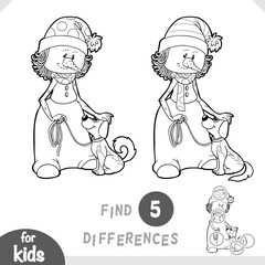 Cute Snowman character and dog. Spot the differences game for kindergarten and preschool children. Black and white coloring page for kids about Christmas winter holidays