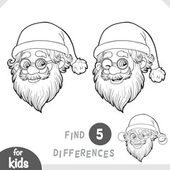 Cute head of Santa Claus. Spot the differences game for kindergarten and preschool children. Black and white coloring page for kids about Christmas holidays