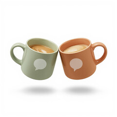 delicate watercolor painting of two coffee mugs in warm earth tones, specifically sage green and terracotta, suspended in mid-air as if clinking.