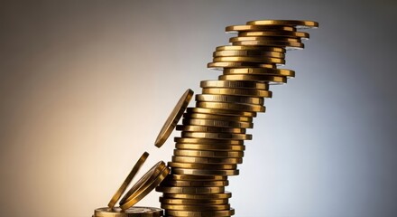 Gold coins teeter, Closeup of unstable gold coin stacks illustrating risk and economic uncertainty