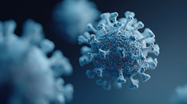 Detailed coronavirus structure displays characteristic spike proteins in microscopic scientific visualization.