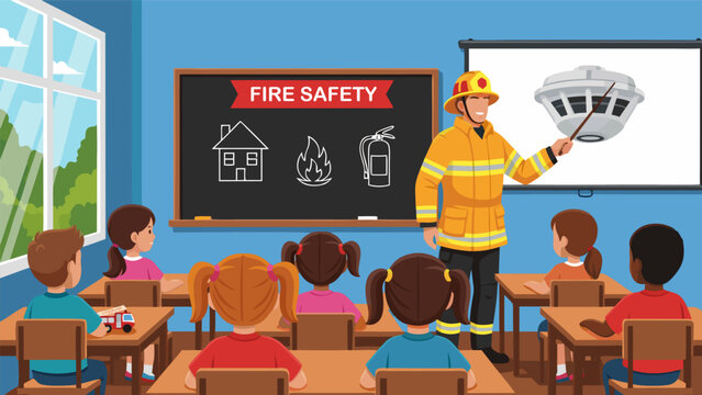 Firefighter educating young students about essential fire safety measures and prevention techniques in a classroom setting