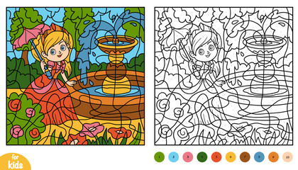 Cute princess with umbrella color by number page for kids. Educational activity game for preschool and kindergarten children to learn numbers and colors. Royal rose garden scene with fountain