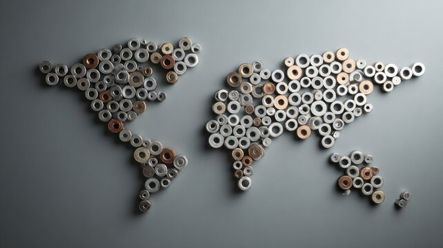 World map created from assorted metal objects, concept of global connectivity and industry. The image showcases the earth