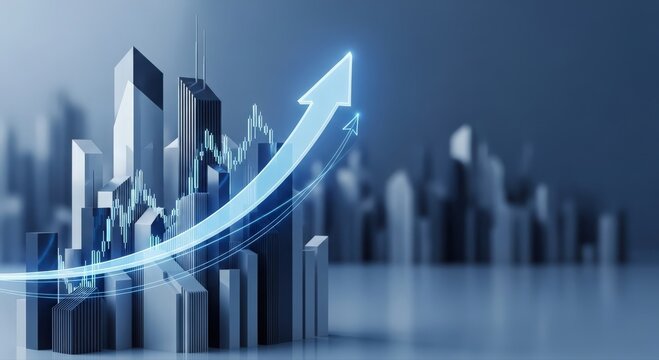 Skyline with economic growth indicators, Cityscape showcasing market trends and investment metrics