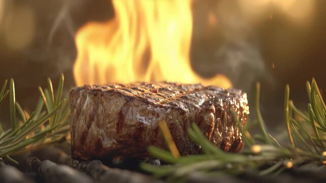 A succulent grilled steak cooking on an open flame with glowing embers and fresh herbs in the foreground.