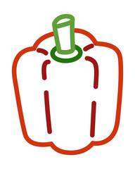 Red pepper vegetable line art with bold color outline. Easy coloring page for children and nursery project. Isolated vector image for educational books, games or creative learning activities