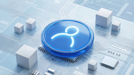Close up of a glowing neon blue icon symbol on a digital circuit board with small white cubes technology computer hardware innovation electronic data network