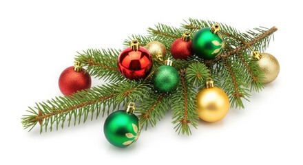 Festive spruce branch with colorful christmas ornaments