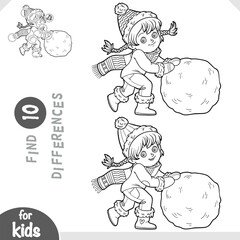 Cute girl character is building a snowman. Spot the differences game for kindergarten and preschool children. Black and white coloring page for kids about winter activities