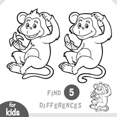 Cute monkey and banana. Spot the differences game for kindergarten and preschool children. Black and white coloring page for kids about jungle animals