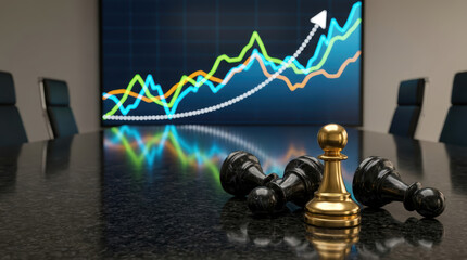 A golden chess pawn stands on a reflective surface in front of a large screen displaying a rising stock market graph and several fallen black pawns finance