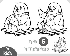 Cute penguin on a sled. Spot the differences game for kindergarten and preschool children. Black and white coloring page for kids about winter animals