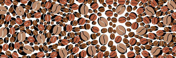 Shiny black brown coffee beans on transparent background, wide background