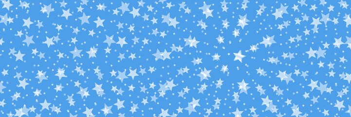 Sky blue background with large and small white striped stars, wide background
