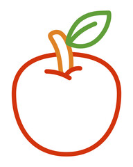 Red apple fruit line art with bold color outline. Easy coloring page for little children and nursery projects. Isolated vector image for educational books, games or learning activities