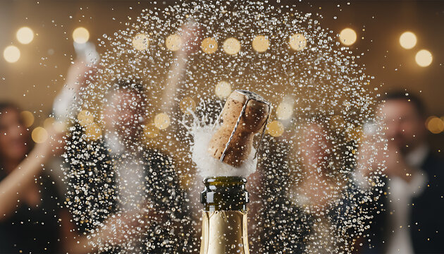 Celebrate success with champagne popping at a party, a moment of pure joy