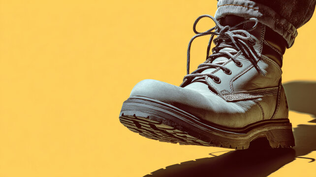 A close-up shot of a leather boot stepping down on the ground, creating a strong visual of action and texture. The boot's sturdy design emphasizes its durability.