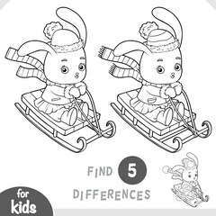 Cute bunny riding a sled down a snowy hill. Spot the differences game for preschool and kindergarten kids. Black and white activity page about winter holidays