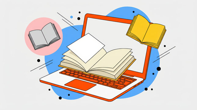 Open laptop displaying open books with floating books and geometric shapes against a light grey background Books 170 characters reading education online learning