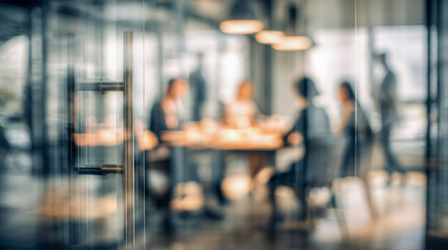 Modern office environment with a glass door in focus and a blurred business team engaged in discussion inside a conference room during a meeting session