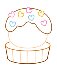 Cupcake with heart-shaped sprinkles in bold colorful outline. Flat vector illustration isolated on white background. Fun dessert coloring page for kids books. Easy activity worksheet