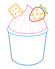 Cupcake with strawberry and cookie in bold colorful outline. Flat vector illustration isolated on white background. Fun dessert coloring page for kids books. Easy activity worksheet