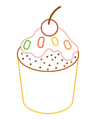 Cupcake with cherry and sprinkles in bold colorful outline. Flat vector illustration isolated on white background. Fun dessert coloring page for kids books. Easy activity worksheet