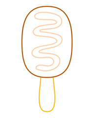 Chocolate cakesicle on a stick in bold colorful outline. Flat vector illustration isolated on white background. Fun dessert coloring page for kids books. Easy activity worksheet